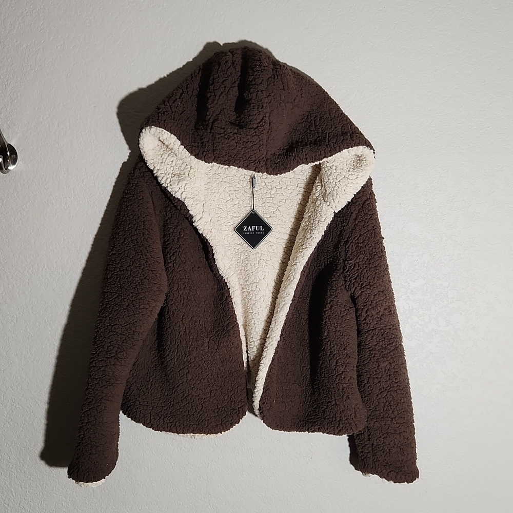 Zaful Jacket Forever Young Womens XL Sherpa Brown Cream New Teddy Bear